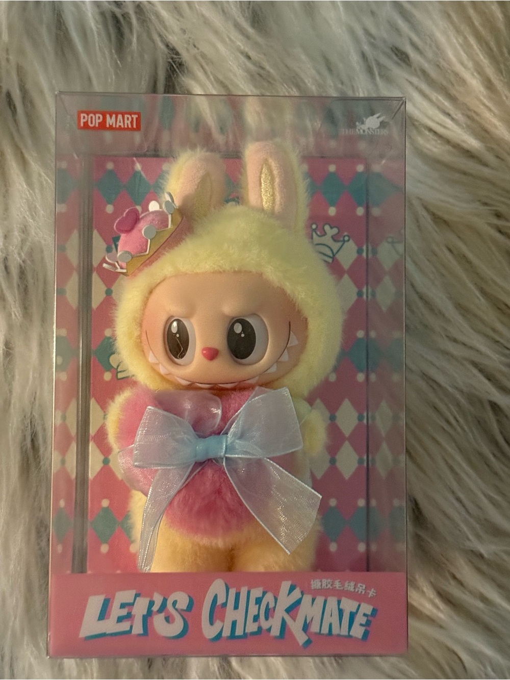 POP MART Let's Checkmate Yellow Bunny Plush Figure - Pink Bow